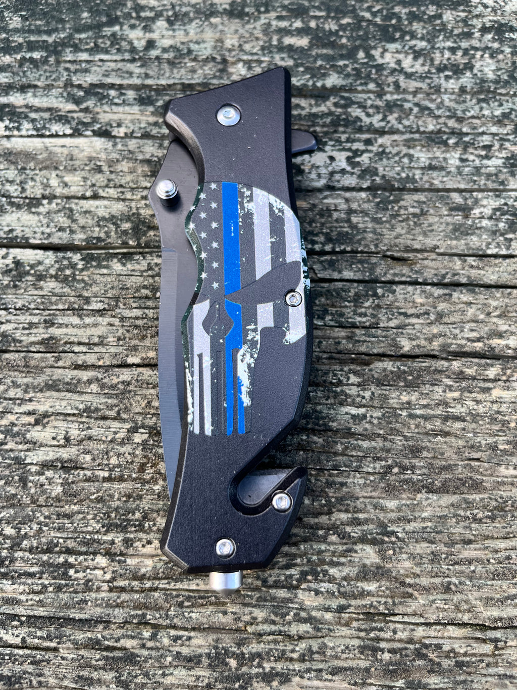 4.75" Closed Blue Skull Punisher Spring Assisted Rescue Folding Knife