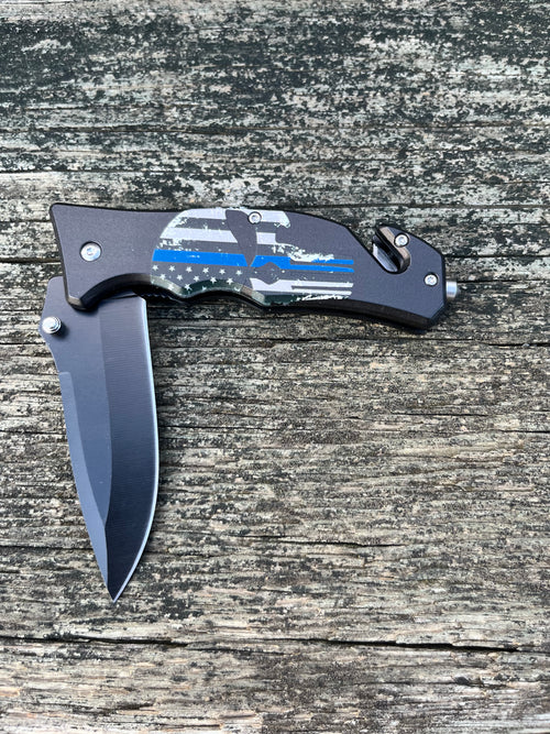 4.75" Closed Blue Skull Punisher Spring Assisted Rescue Folding Knife